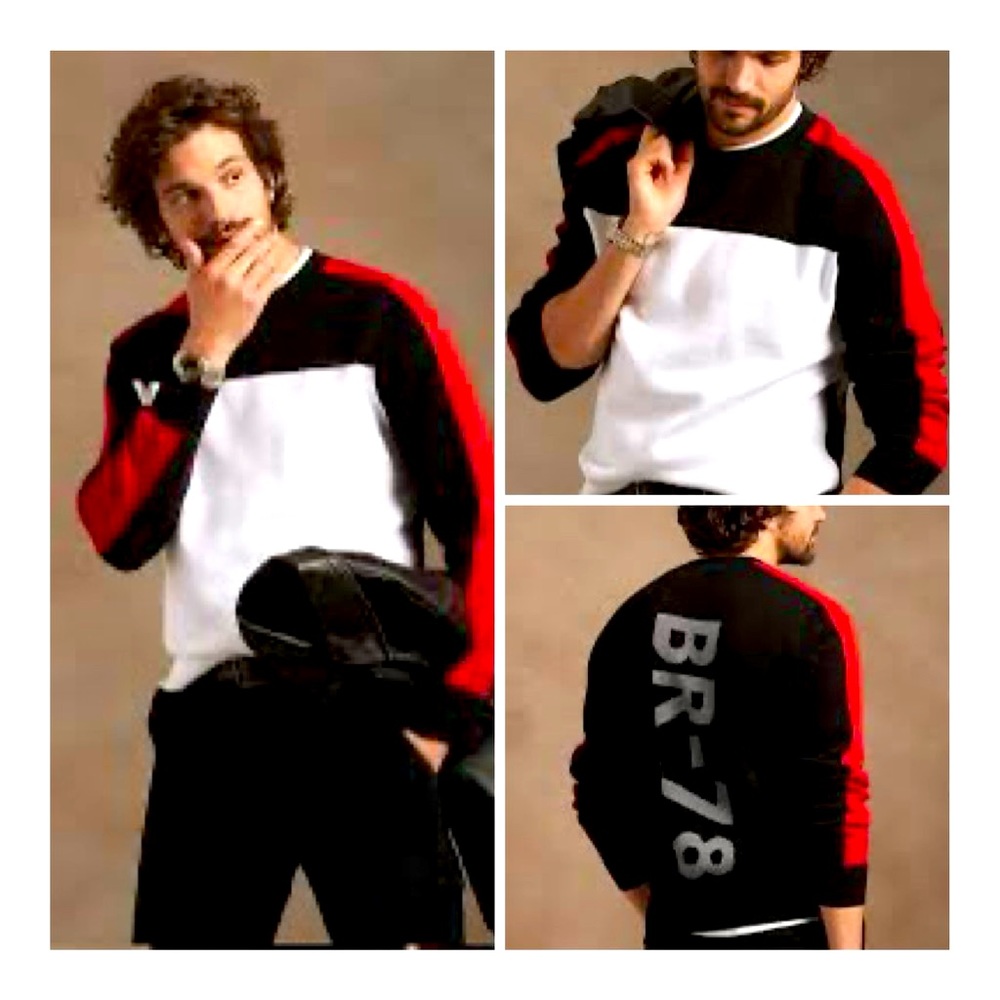 Banana Republic Mens Organic Cotton Color-Block Sweater Black Red White Stripe